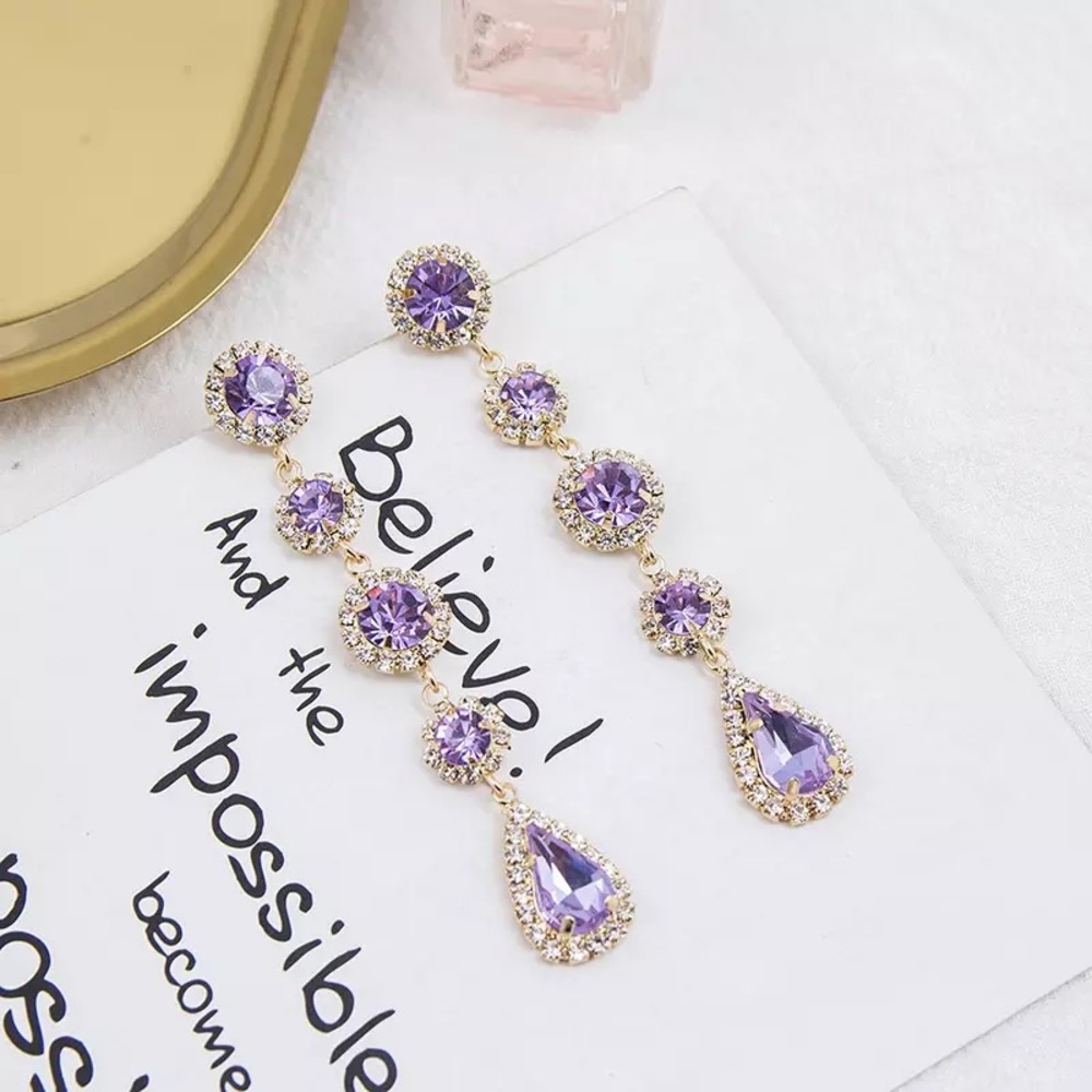 Purple Water Drop Rhinestone Dangle Earrings